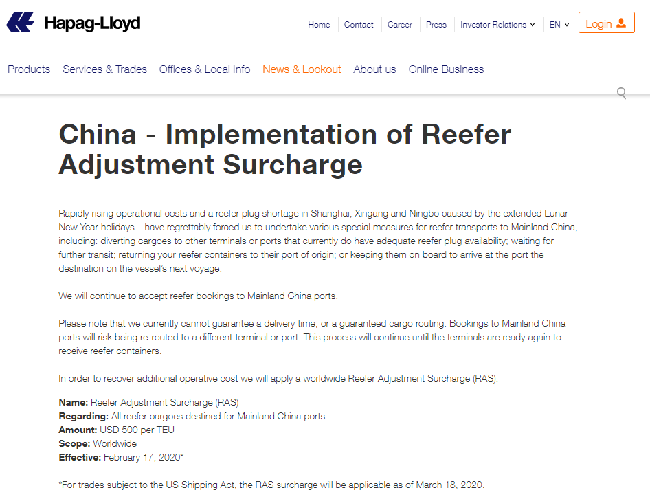 廣州出口空運價格-赫伯羅特關于收取冷藏箱調(diào)整附加費（RAS）的通知（附圖）